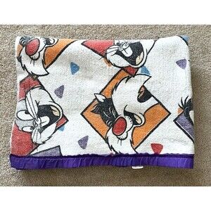 Vintage Looney Tunes Blue Baby Toddler Blanket Bugs Daffy Tweety Satin Edge